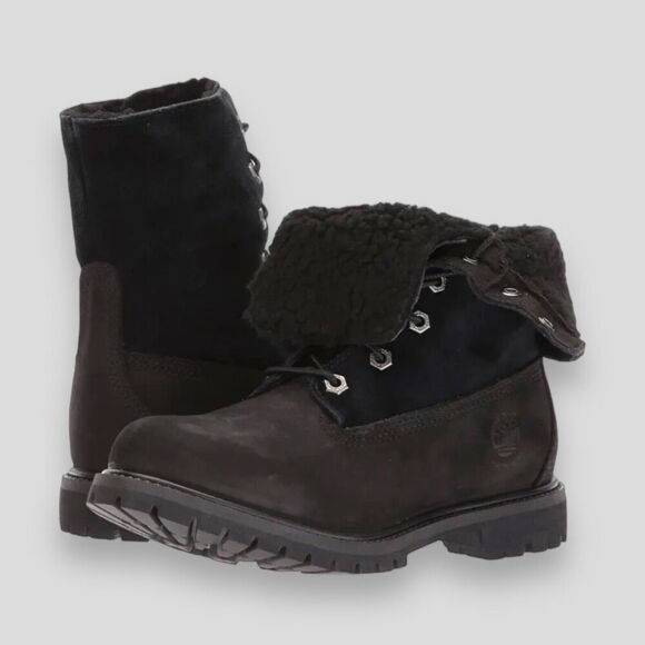 Timberland Boots Womens 6.5 Black Waterproof Roll Fold-Down Teddy Fleece 8149A‎ - Picture 2 of 12